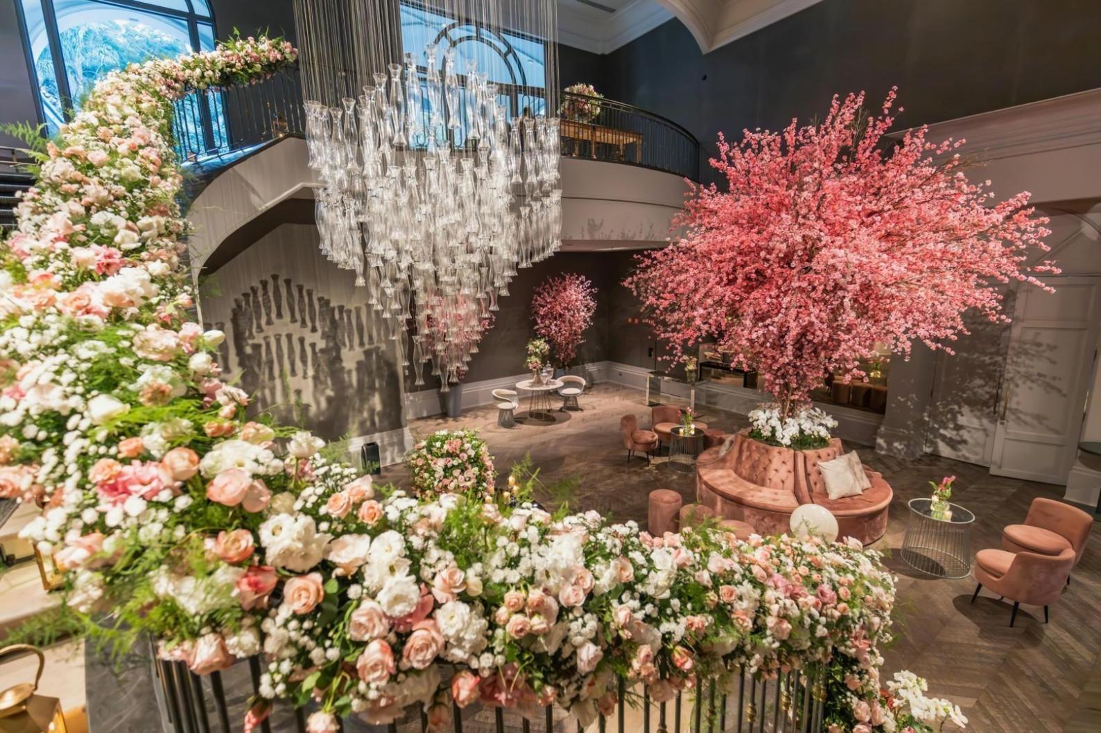 Variety of fresh flowers and foliage prepared for arrangement